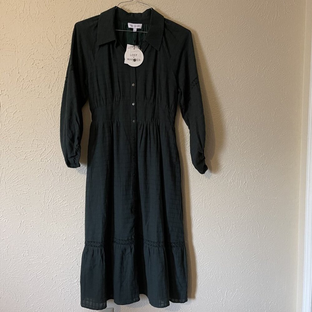 NWT Lost + Wander Dark Green Midi Dress with lace detailing, Size S